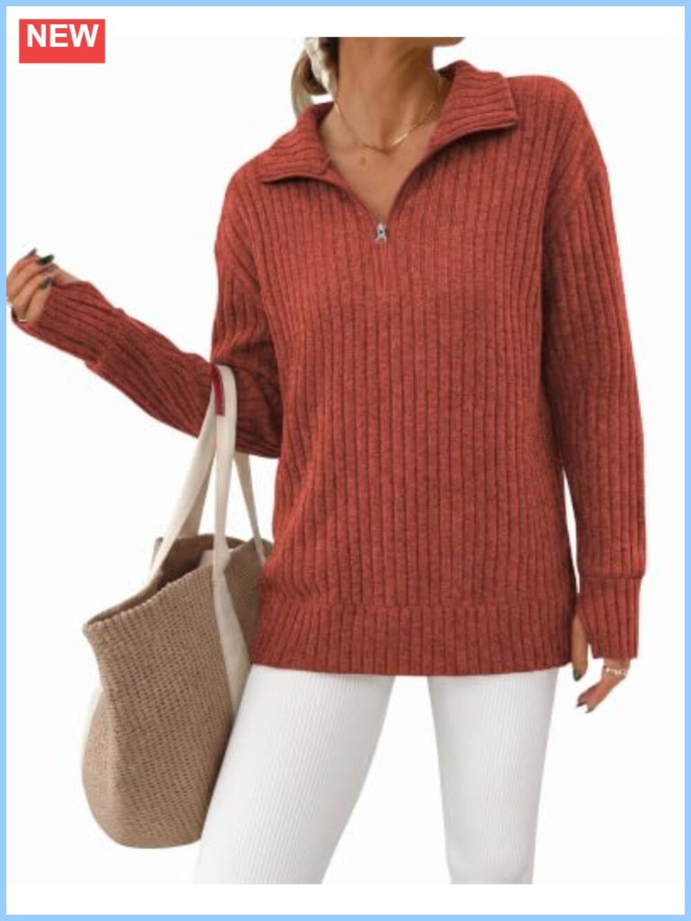 Womens Quarter Zip Pullover Sweater Long Sleeve Thumbholes Ribbed Knit